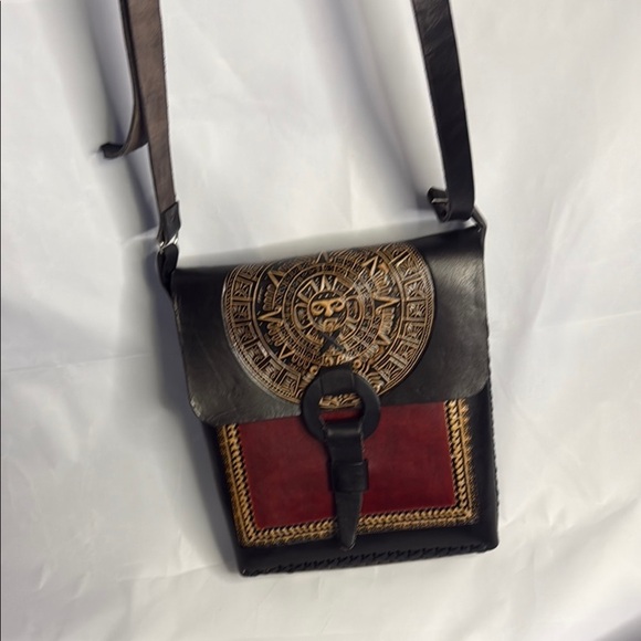 Handmade Crossbody bag. Black/Tan/Red Aztec design. Hard shell tooled. DA013 - Picture 1 of 9